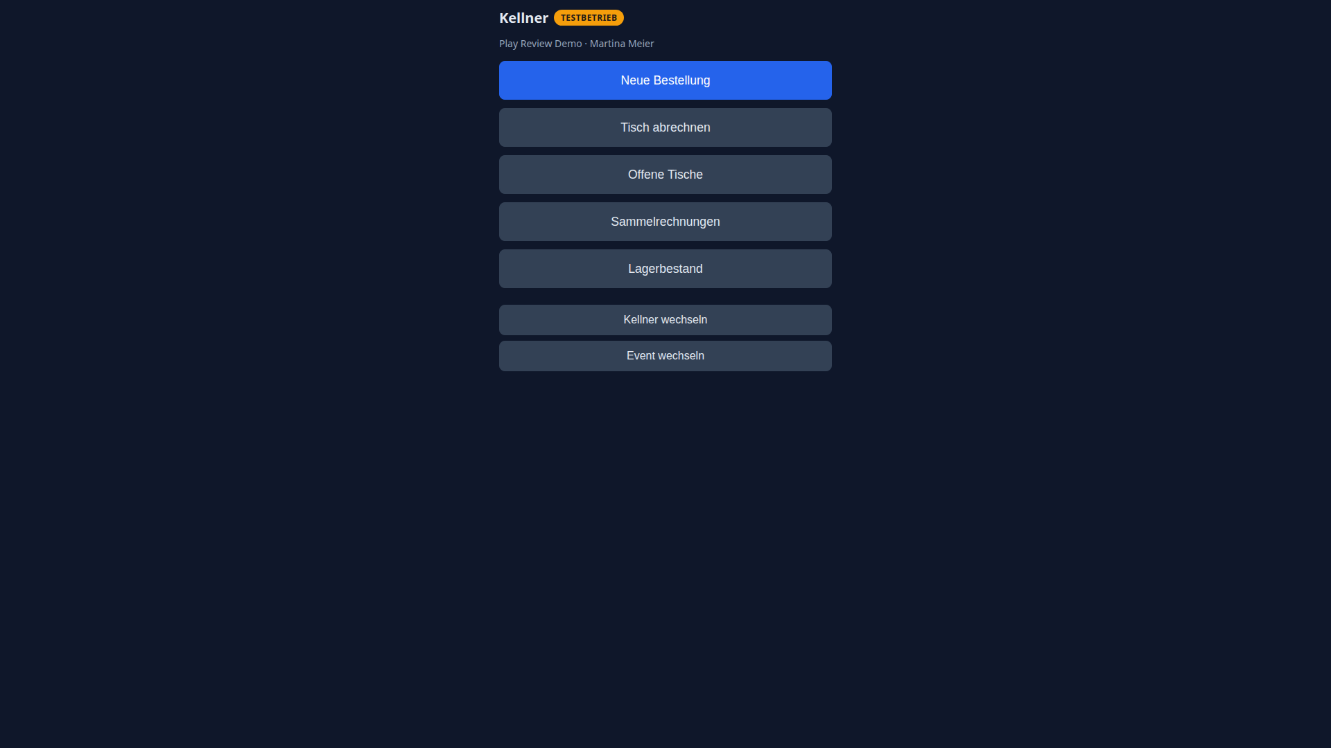 Kellner-Hub der Android-App nach Verbindung mit dem lokalen System
